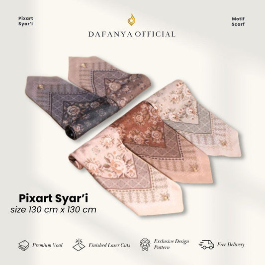 𝐃𝐀𝐅𝐀𝐍𝐘𝐀 - Syari 130x130 Pixart Series Jilbab Motif Floral Kerudung Segi Empat Hijab Scarf bahan Voal Laser Cut